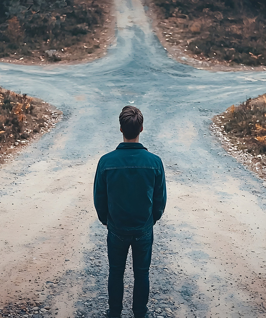 Mann steht an Wegkreuzung